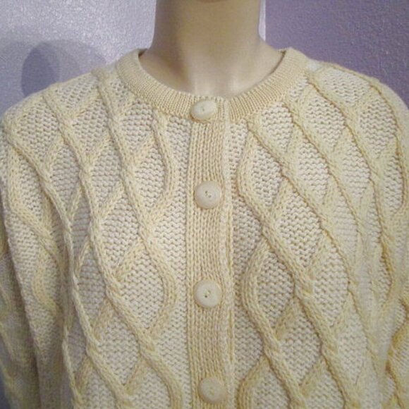 Aran Crafts Cable Knit Cardigan Size XS Sweater Butter Yellow Fisherman Wool - Picture 3 of 10